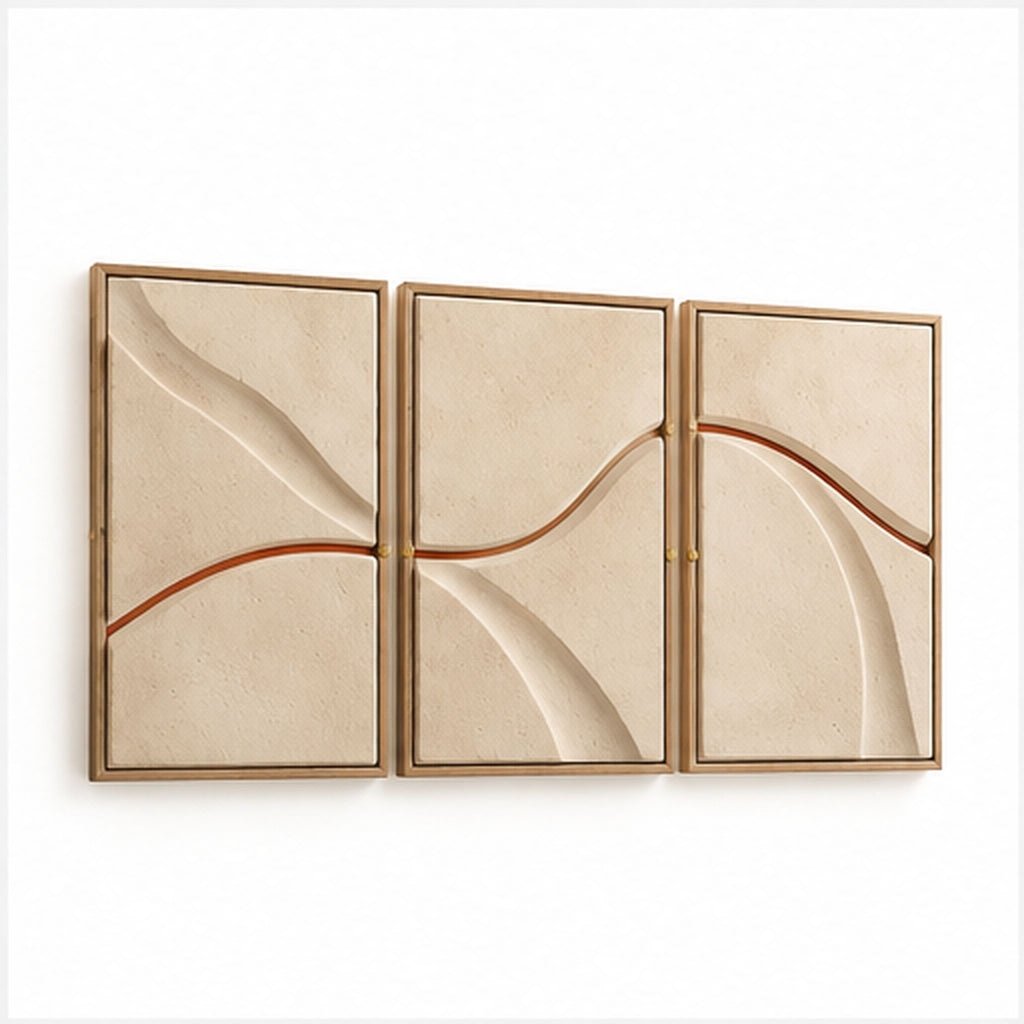 Relief Dune Calcaire – Triptyque mural texturé avec cadres en bois