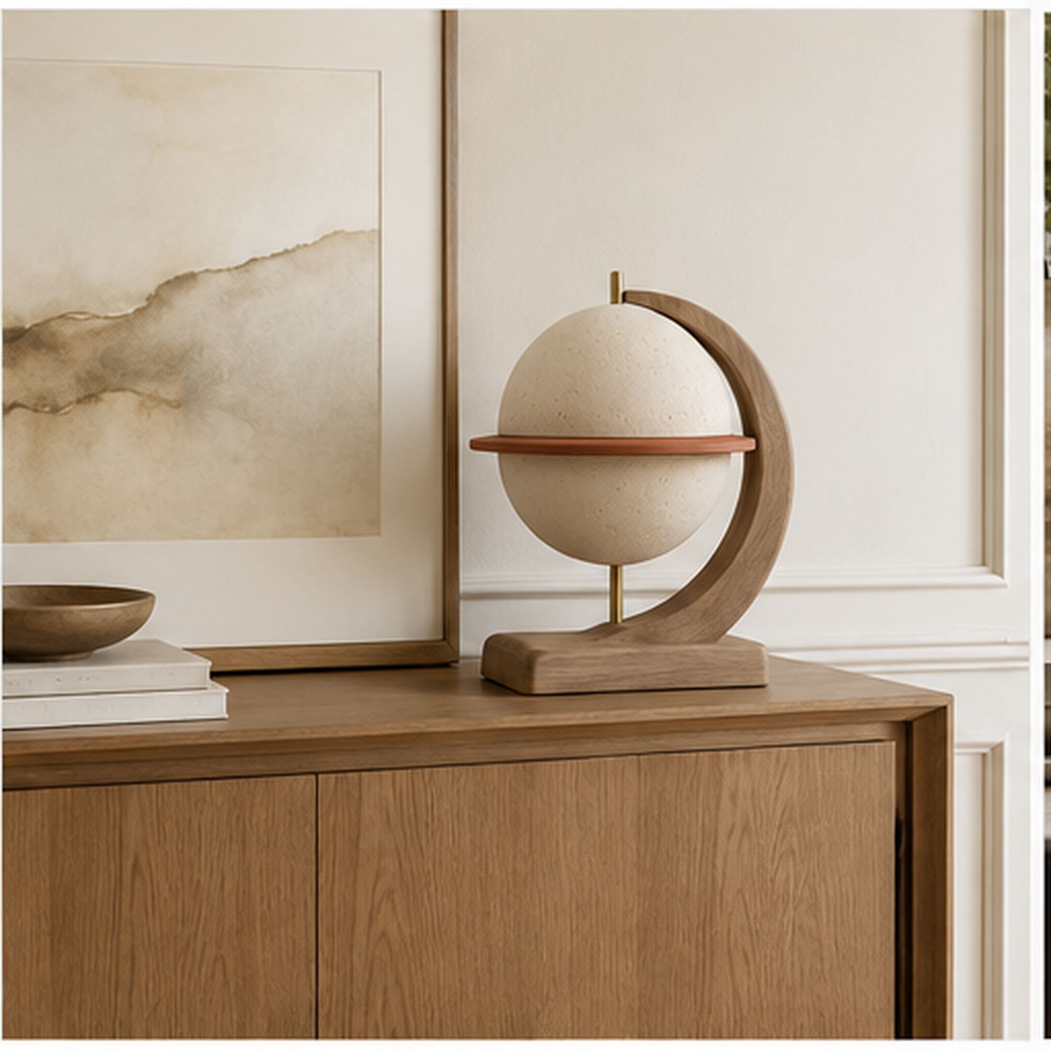 Sphère Horizon – Sculpture de table sur base en bois
