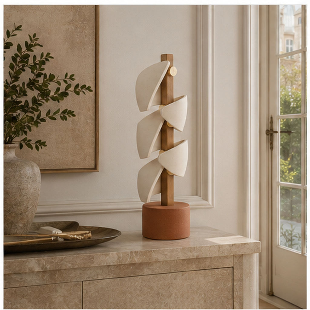 Totem Sillage – Sculpture verticale en céramique et bois clair