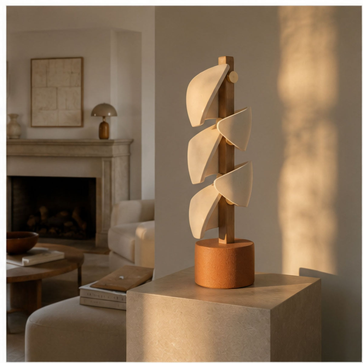 Totem Sillage – Sculpture verticale en céramique et bois clair